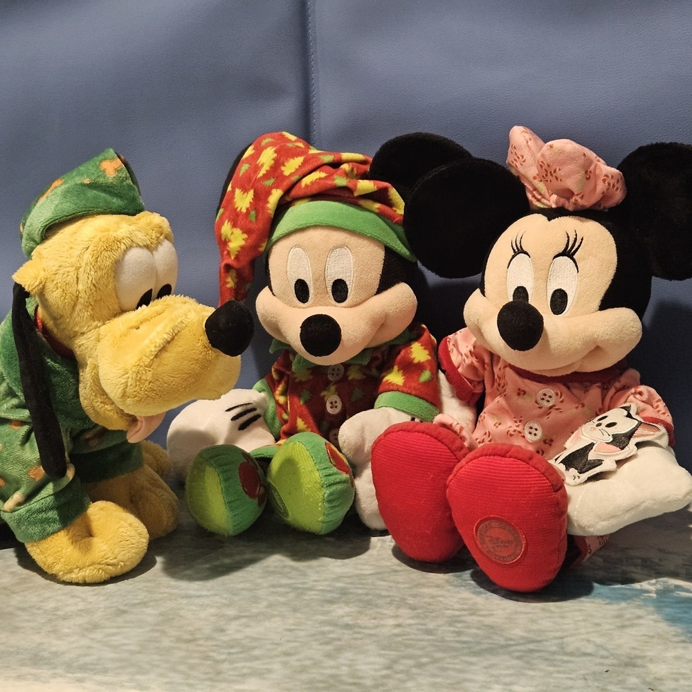 Disney Store Christmas Pajama Plush Bundle Mickey Minnie Pluto Holiday 3 Pc